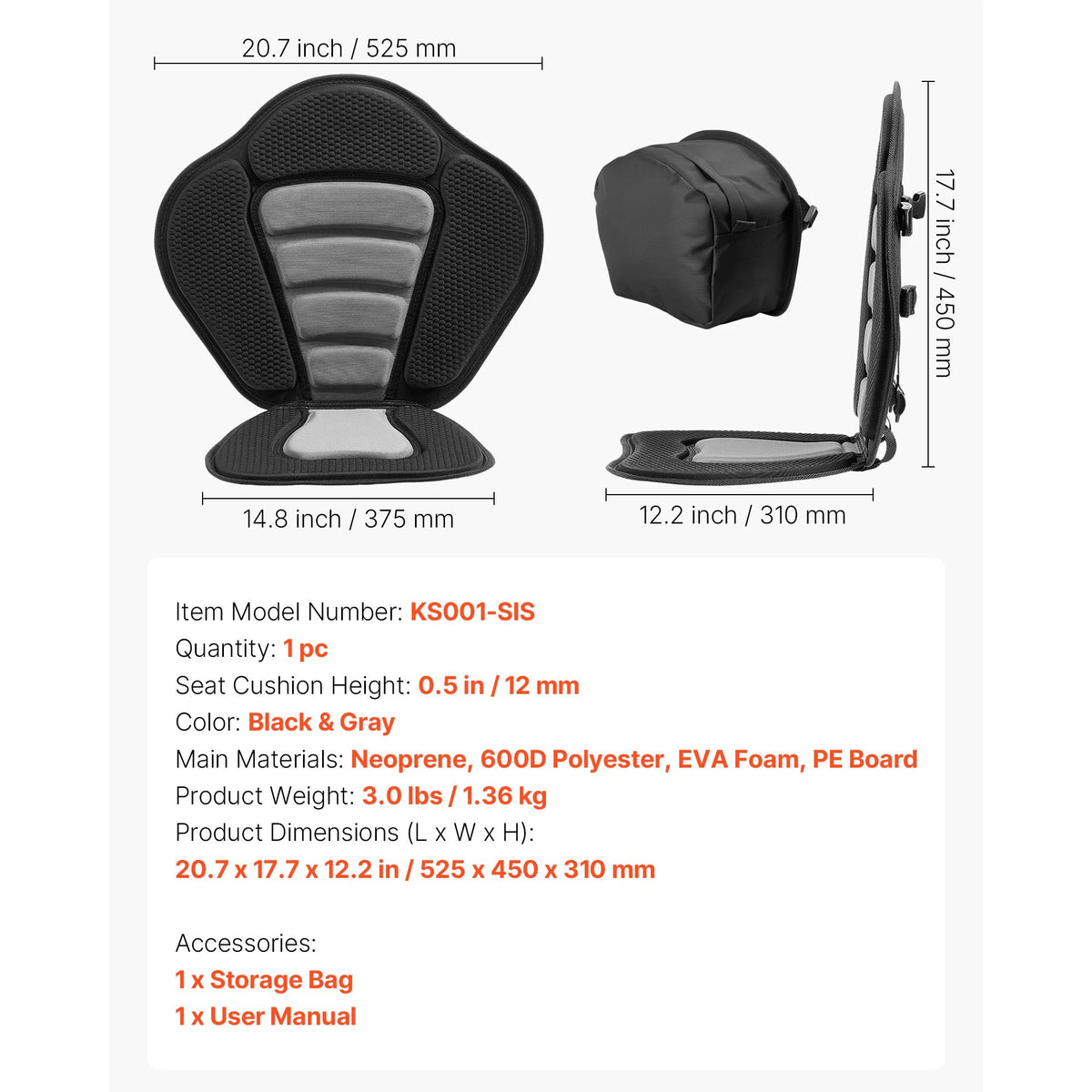 SucceBuy Kayak Seat Universal Paddle Board Seat with Back Support Sit-on-Top Padded Cushion with Bag & Adjustable Straps for SUP